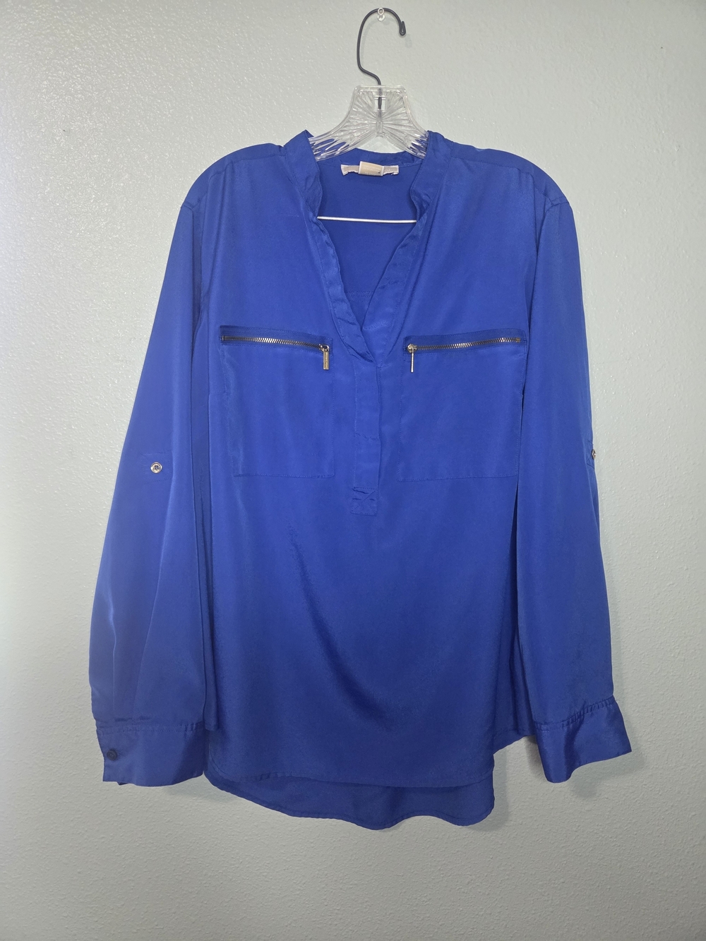Michael Kors Cobalt Blue V-Neck Utility Blouse with Zip Accents - Picture 3 of 13